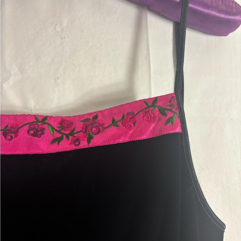 VTG 90s Whimsigoth Black Velvet Magenta Satin Rose Embroidered Maxi Dress Size L - Picture 15 of 16